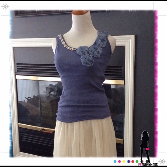 Flowered Lt. Grey Ribbed Cotton Tank Top - Picture 3 of 3